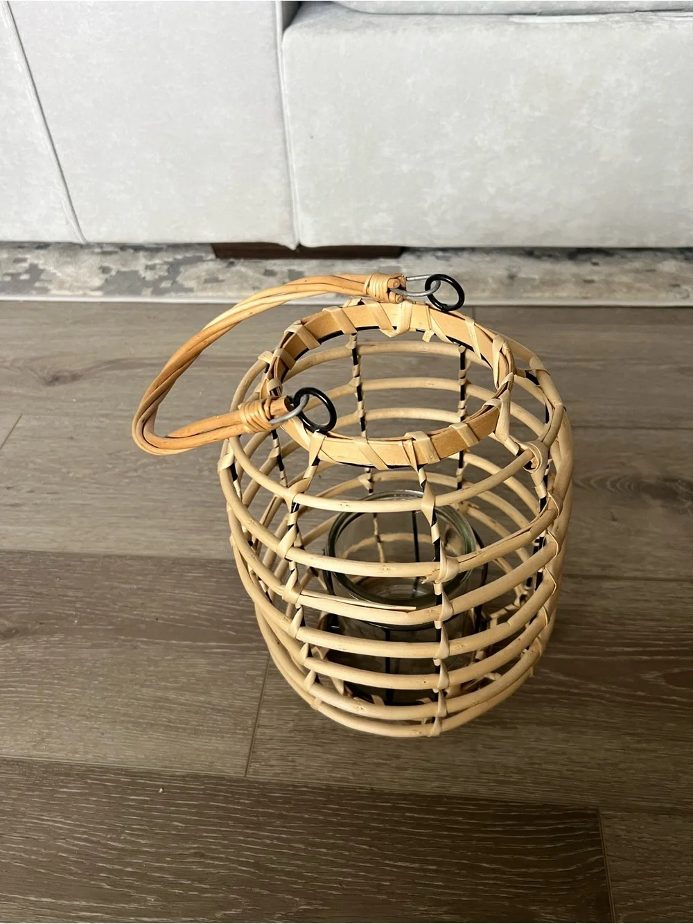 Woven Rattan Lantern Candle Holder Birdcage Brown Handle Glass Insert